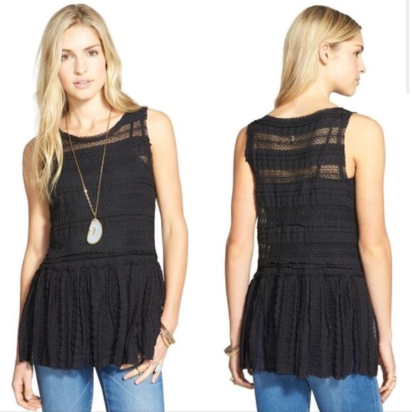Free People Textured Pucker Up Lace Peplum Sleeveless Top Sheer Black sz s - Picture 1 of 8